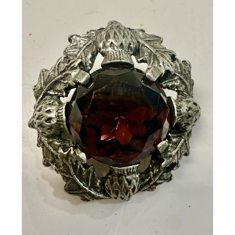 Vtg Signed Miracle Brooch Celtic Scottish Thistle Pin W/ Amber Glass Stone Nice!
